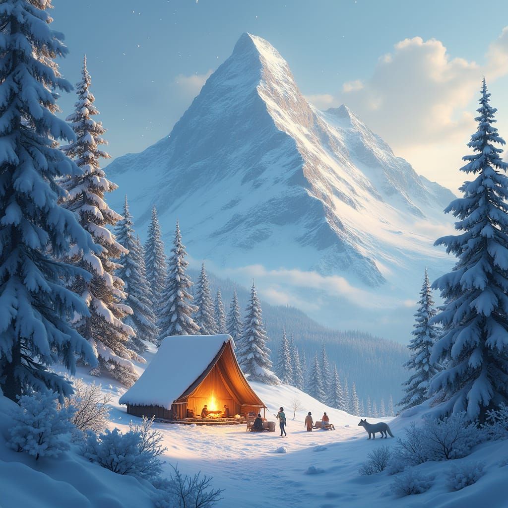 Serene Winter Wonderland with Majestic Mountain Peak and Cam...