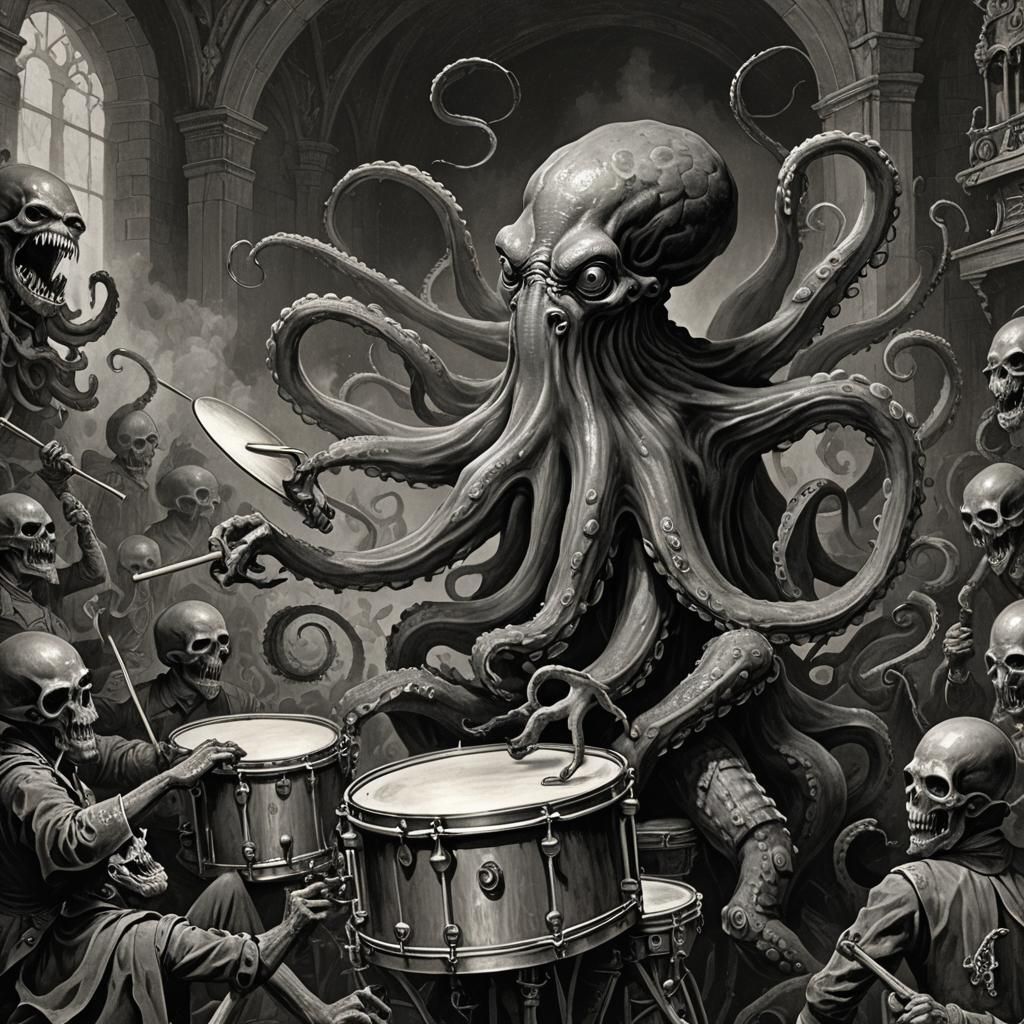 Horrific Octopus Drummer in Dark Engraving Style