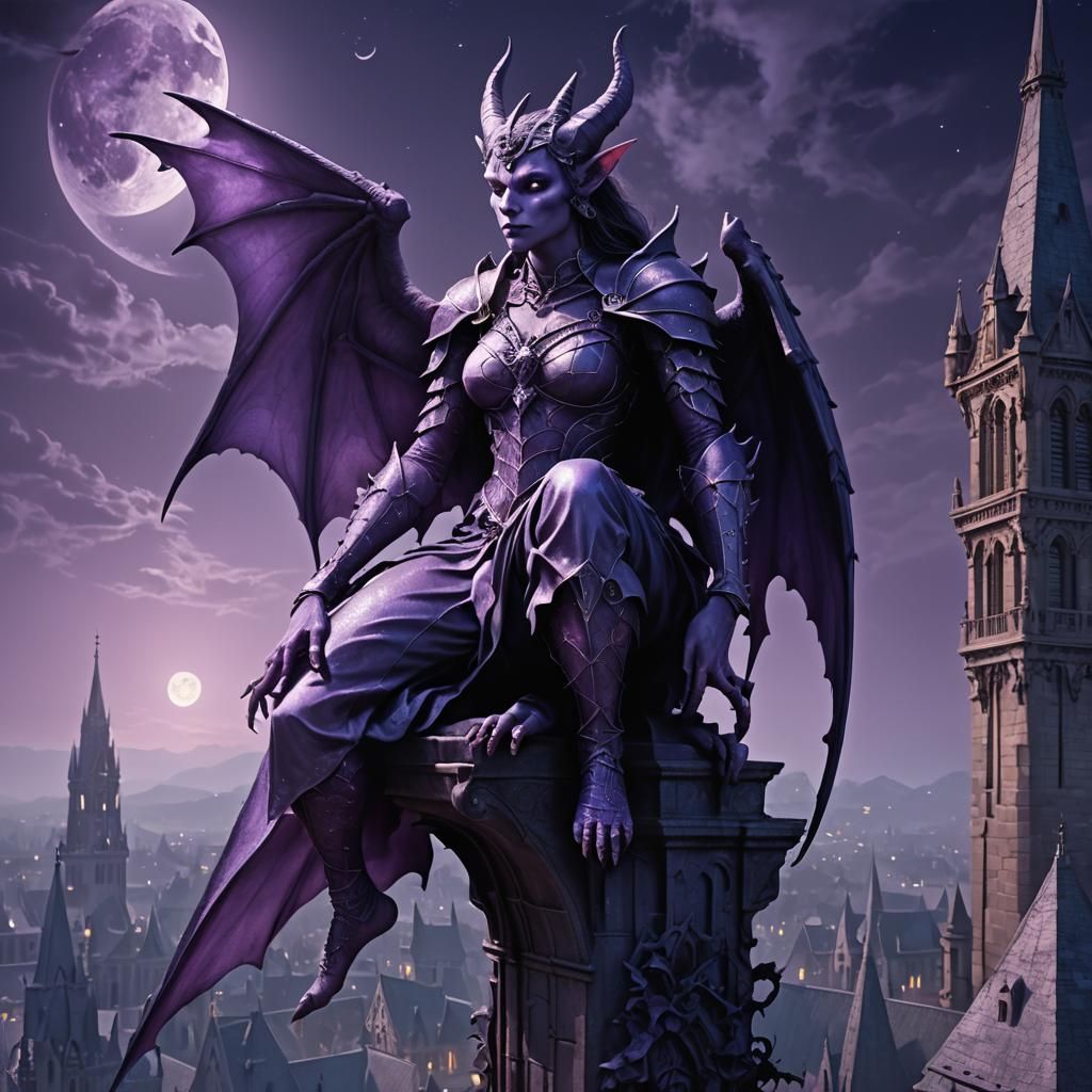 Purple Gargoyle Woman on Gothic Spire