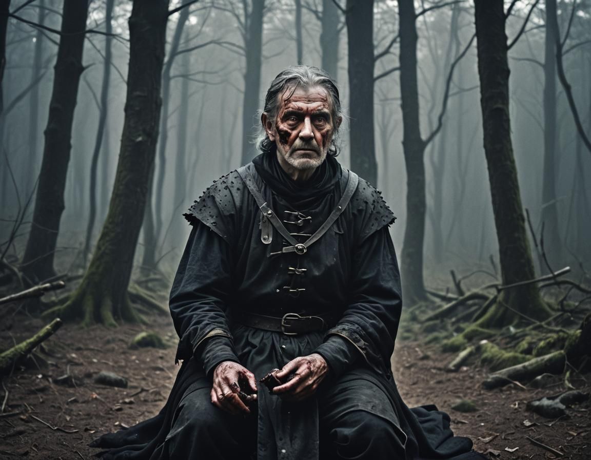 Wounded Hunter in Dark, Misty Forest: Cinematic Still