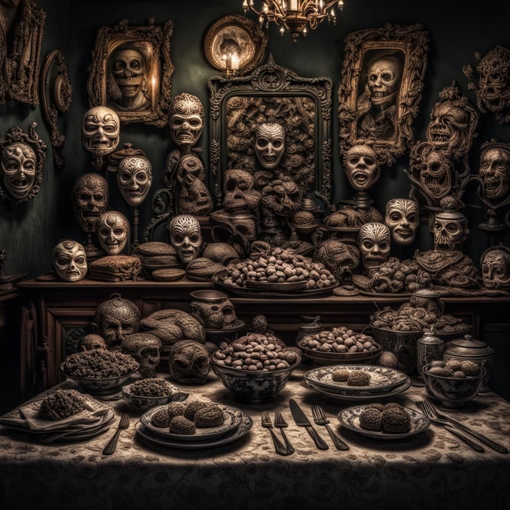 Banquete de gomas, muchas gente creepyvestida en látex con máscaras muy raras, época victoriana