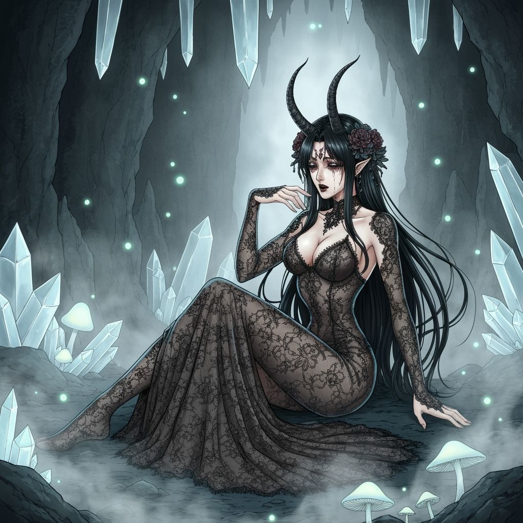Sorrowful Demonic Beauty in Ethereal Grotto