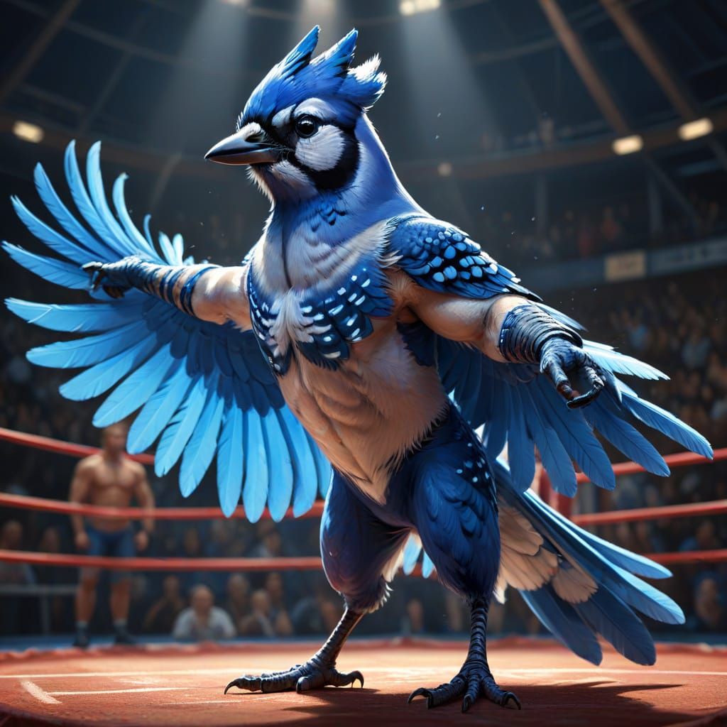 Blue Jay Wrestler in Dynamic Digital Painting Style