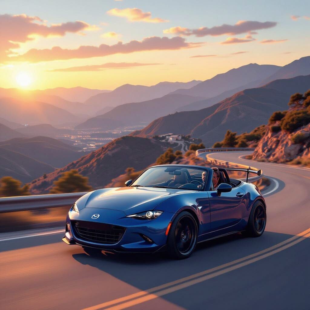 Mazda MX5 Miata on Mountain Road at Sunset