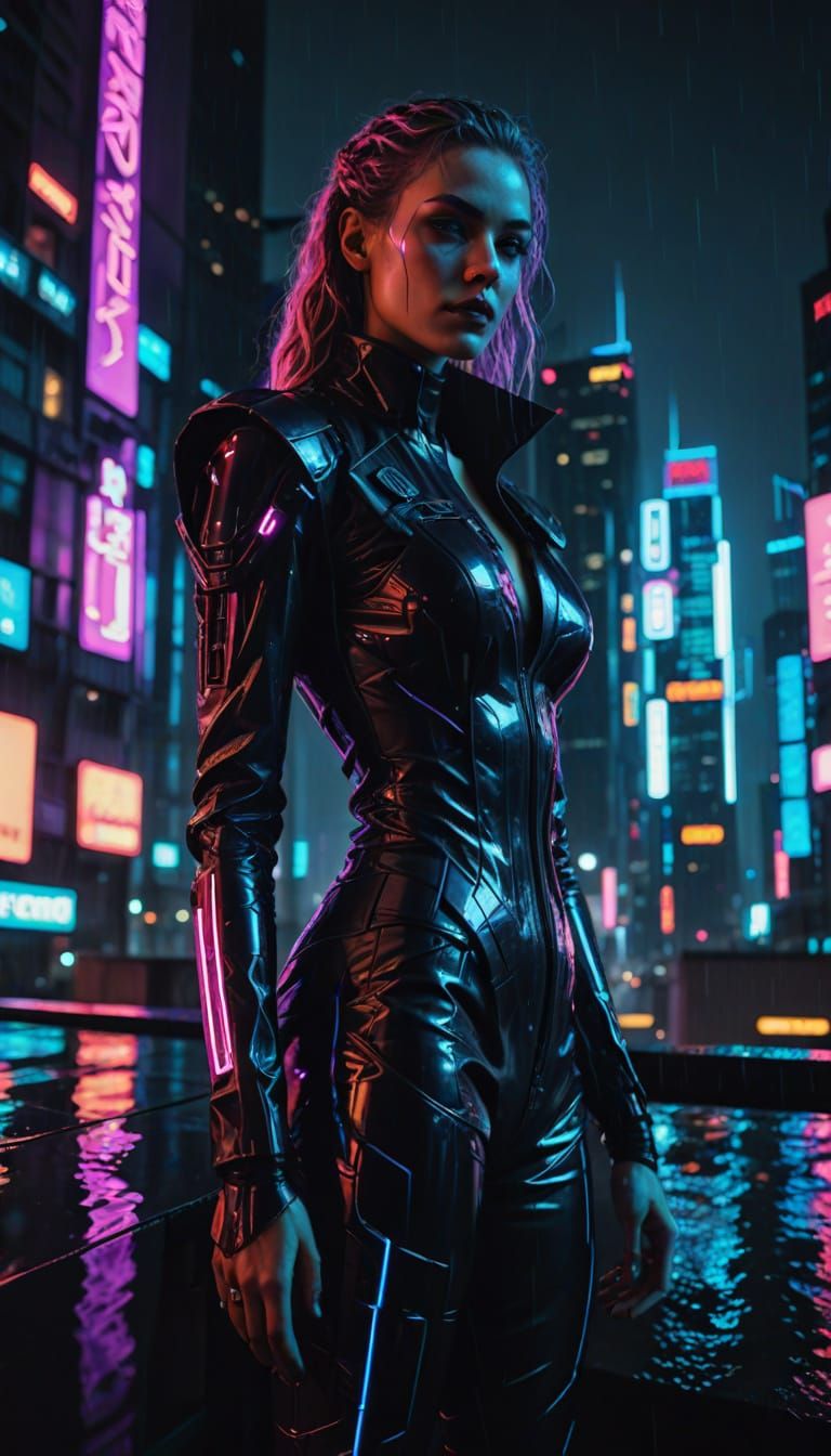 Cybernetic Woman in Neon Cityscape: Cyberpunk Aesthetic