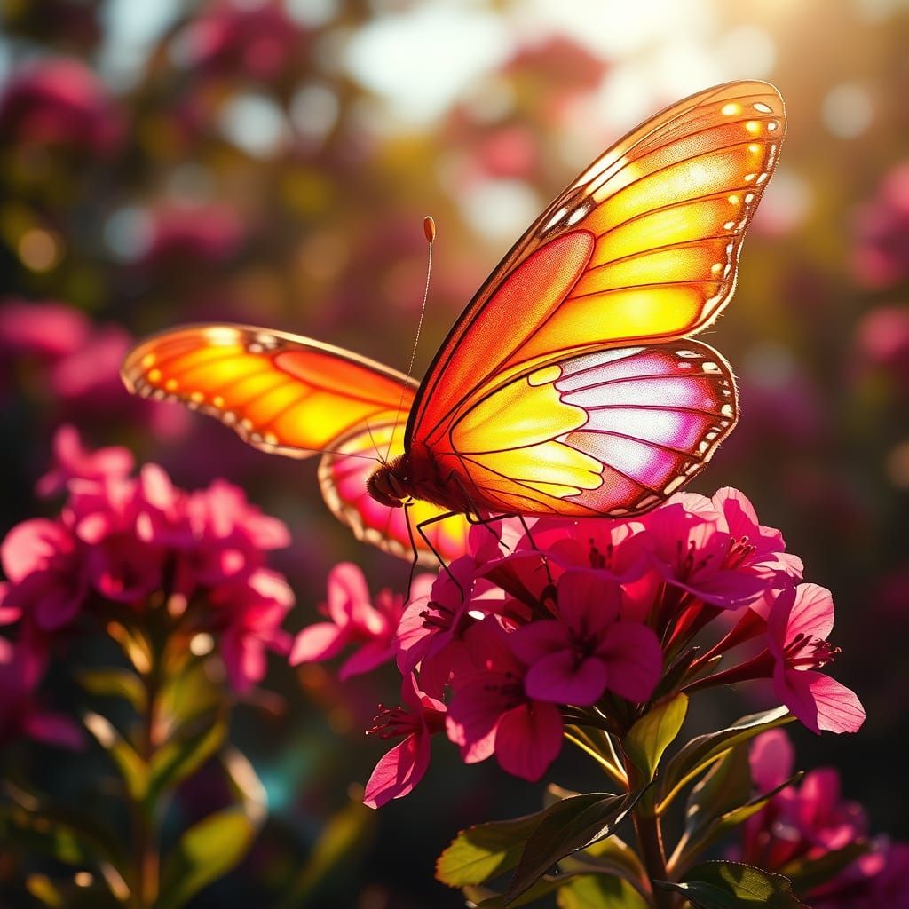 Iridescent Butterfly Basks in Sunlight on Vibrant Magriet Bu...