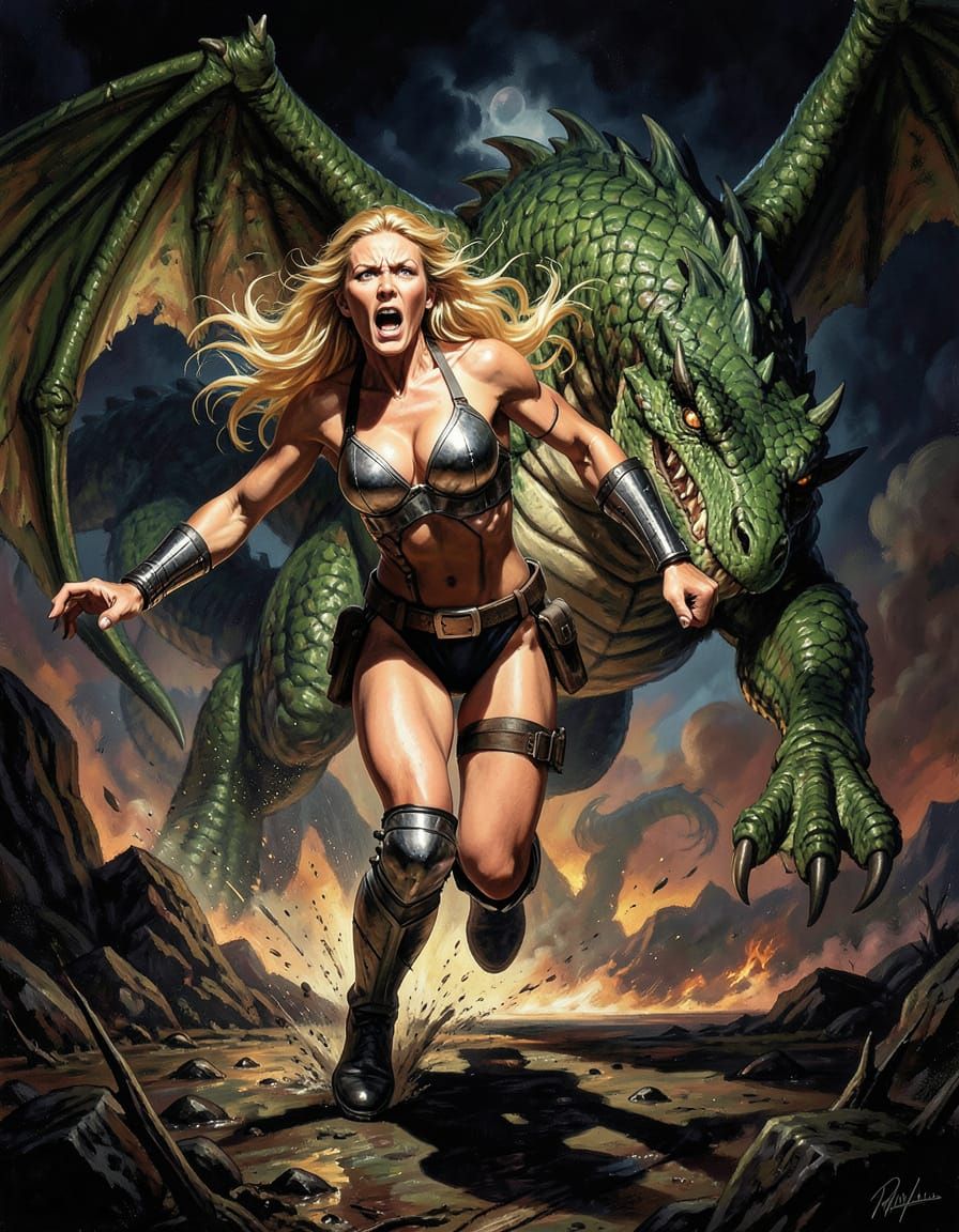Woman Flees Dragon in Frazetta Fantasy Art Style