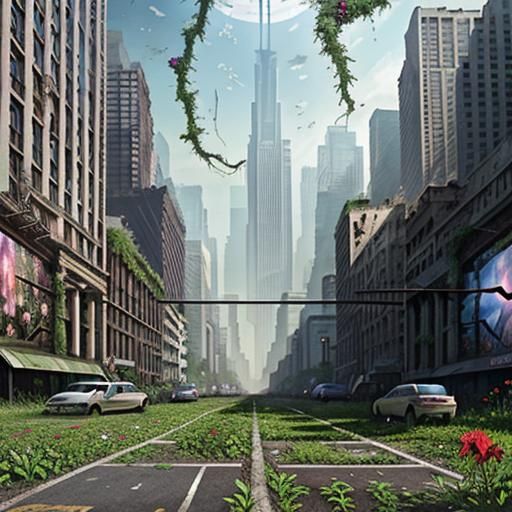 Envision a scene of an abandoned city overtaken by nature. V...