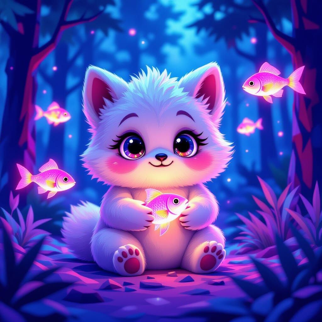 Adorable Forest Creature with Glowing Fish in Neon Synthwave...