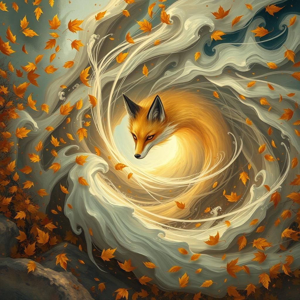 Ethereal Fox Wind Vortex in Surreal Autumn Storm