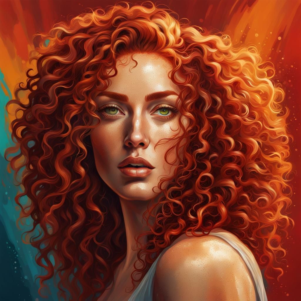 Gorgeous Woman with Red Curly Hair in Splash Art