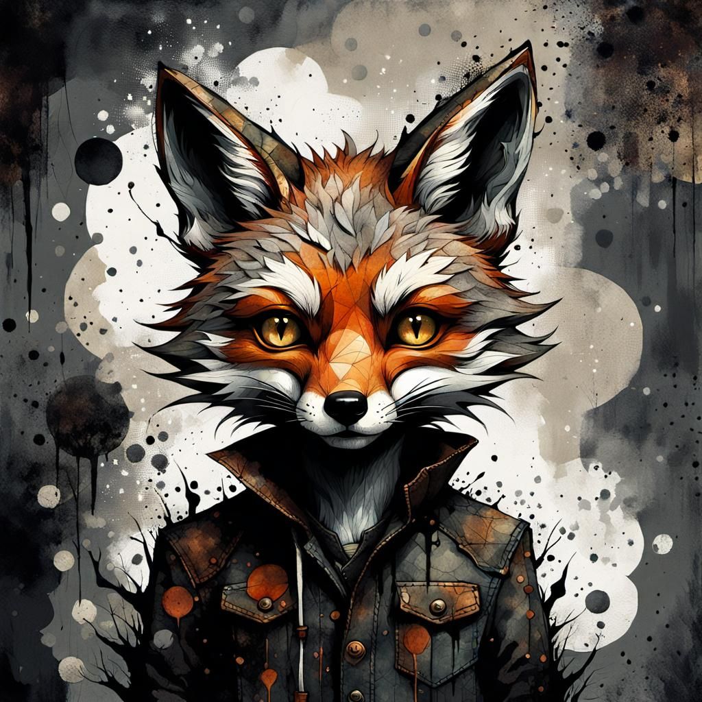 Cute Grunge Fox Demon in Mixed Media Illustration