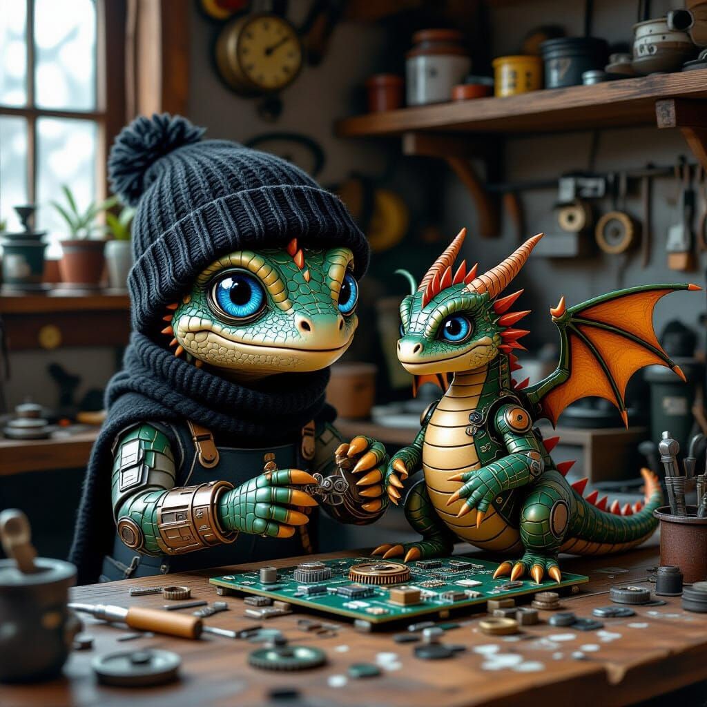 Reptilian Mechanic Crafts Clockwork Dragon in Cozy Workshop