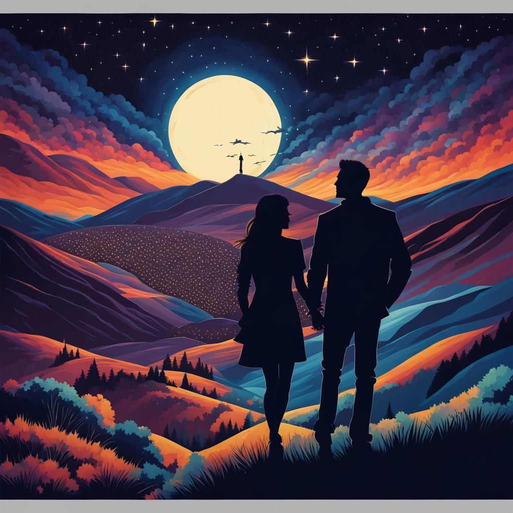 Silhouetted Couple Under a Starry Night Sky