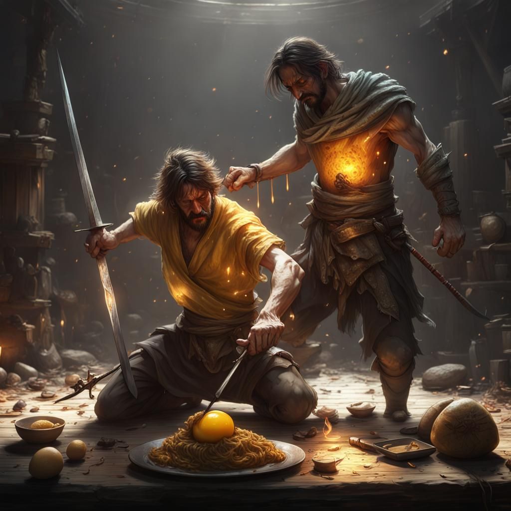 Fried Egg Sword Duel: Dark Fantasy Art