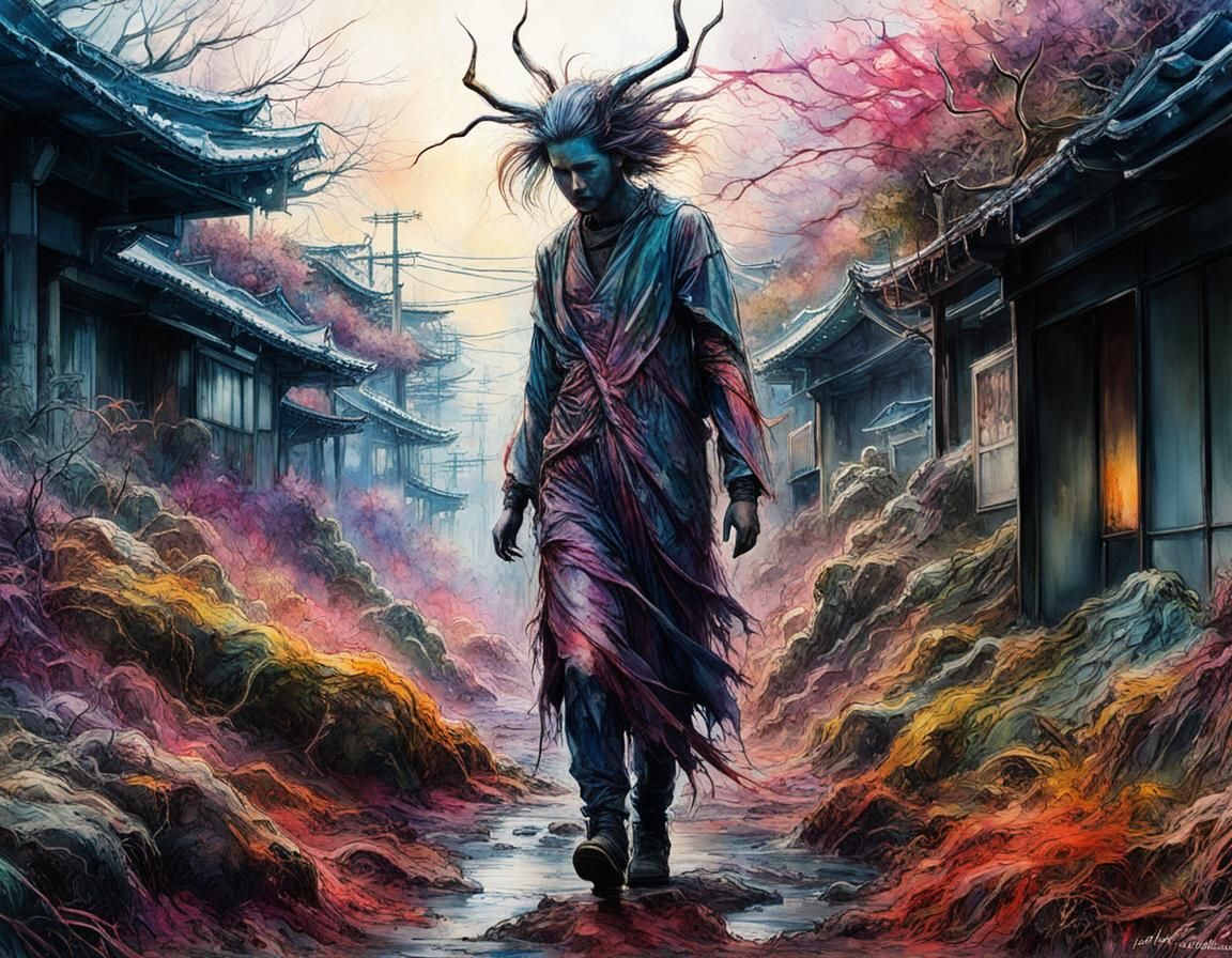 Macabre Body Horror Monster in Neon Tokyo Wasteland