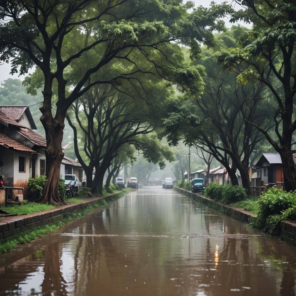Rainy Village Canal Scene with Bokeh