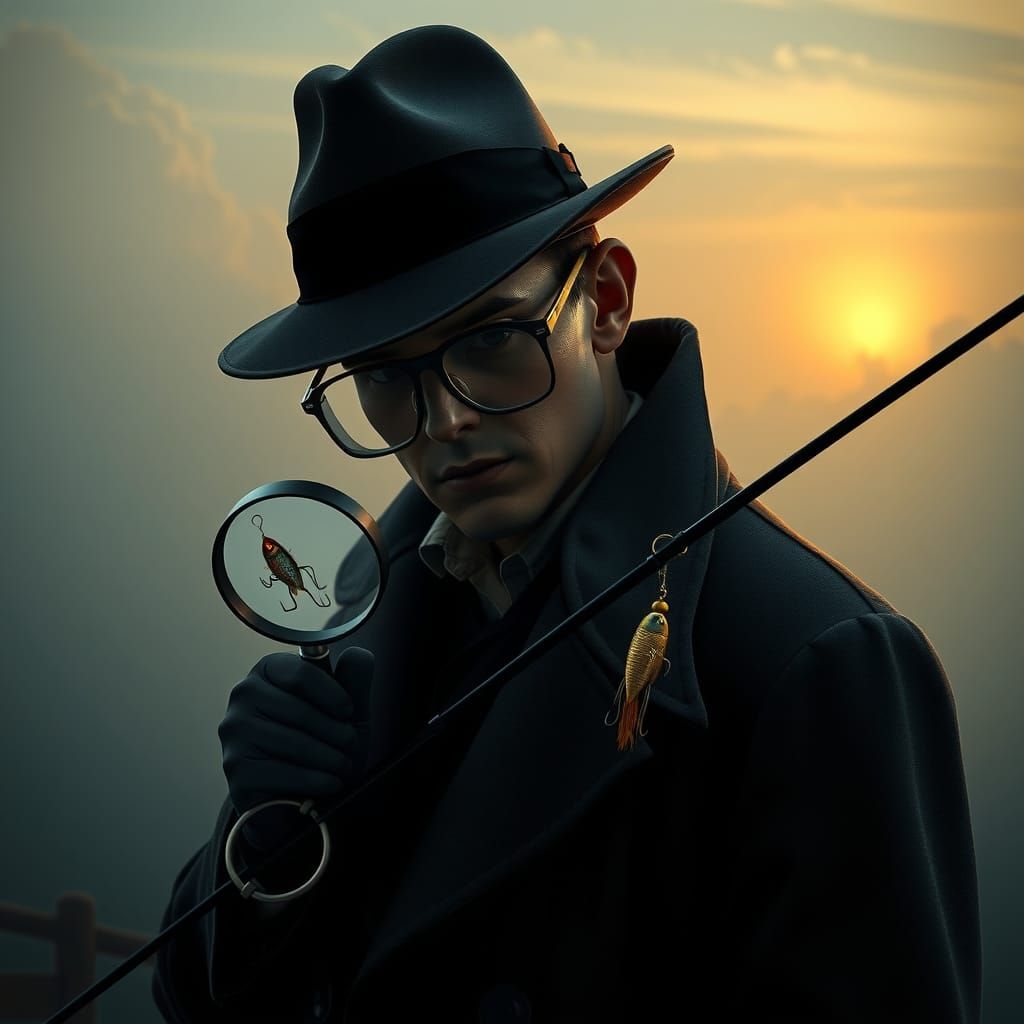 Detective Investigates Fishing Rod in Film Noir Style