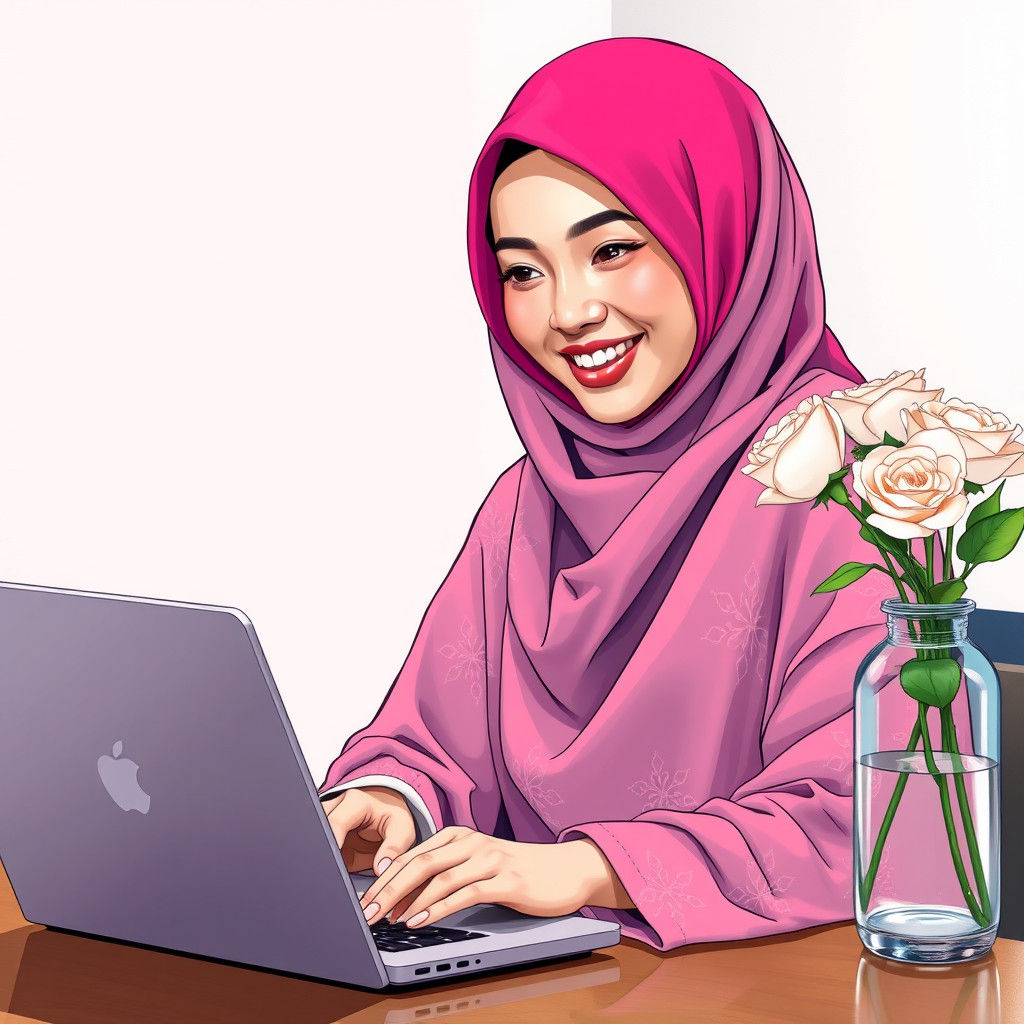 Radiant Muslim Woman in Crayon Style Illustration