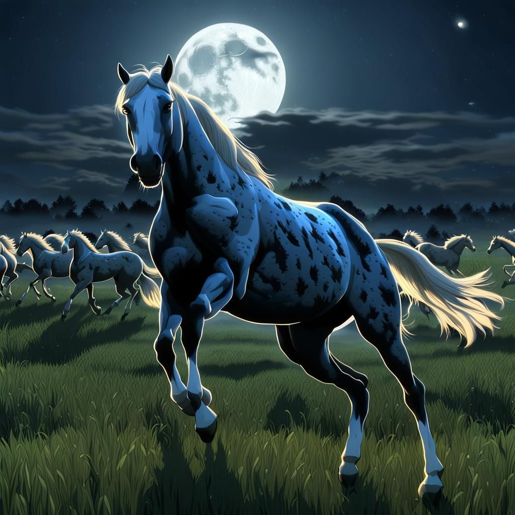 Chicken-Headed Horses Galloping Under the Moon, 3D Anime Art
