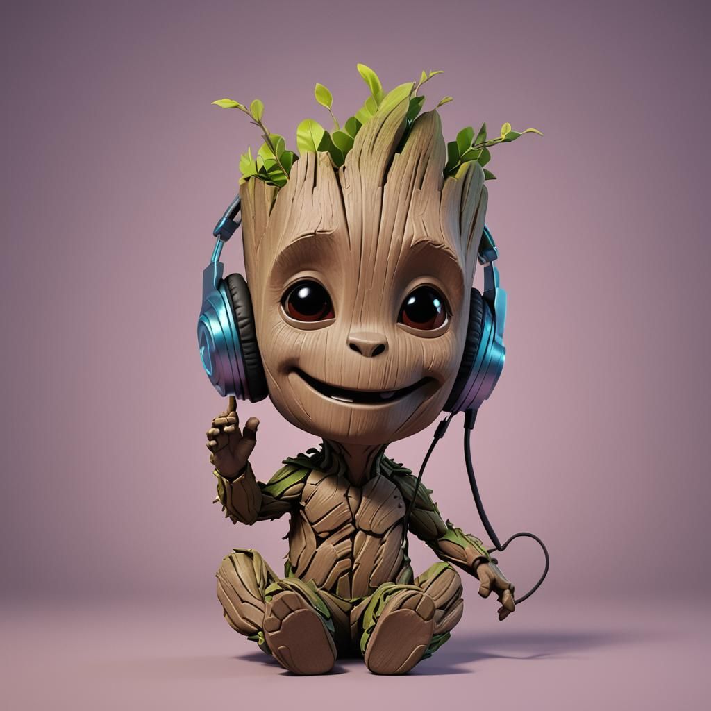 Cartoon Baby Groot with Headphones in 3D
