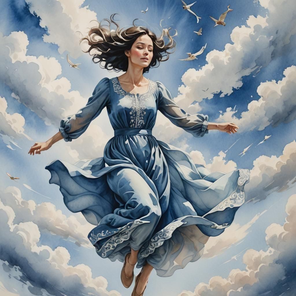 Skydiving Woman in Blue Dress, Watercolor Style