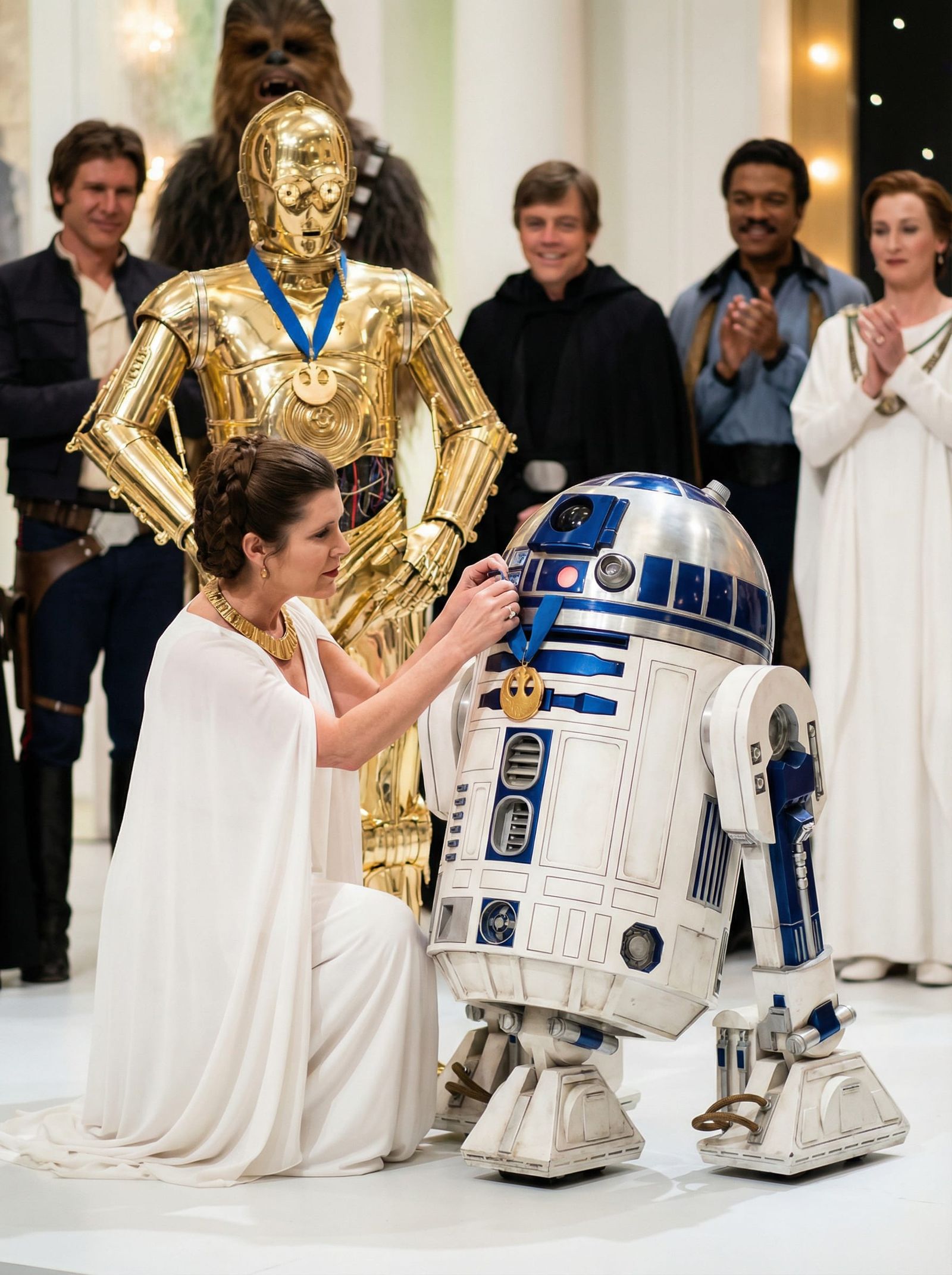 Princess Leia Awards R2-D2 Medallion on Stage