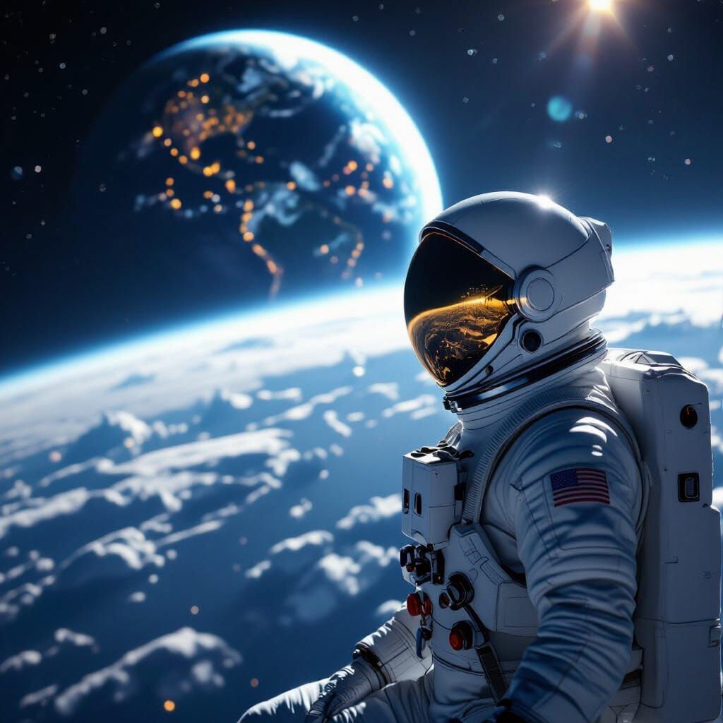 Astronaut Gazes at Earth in Deep Space