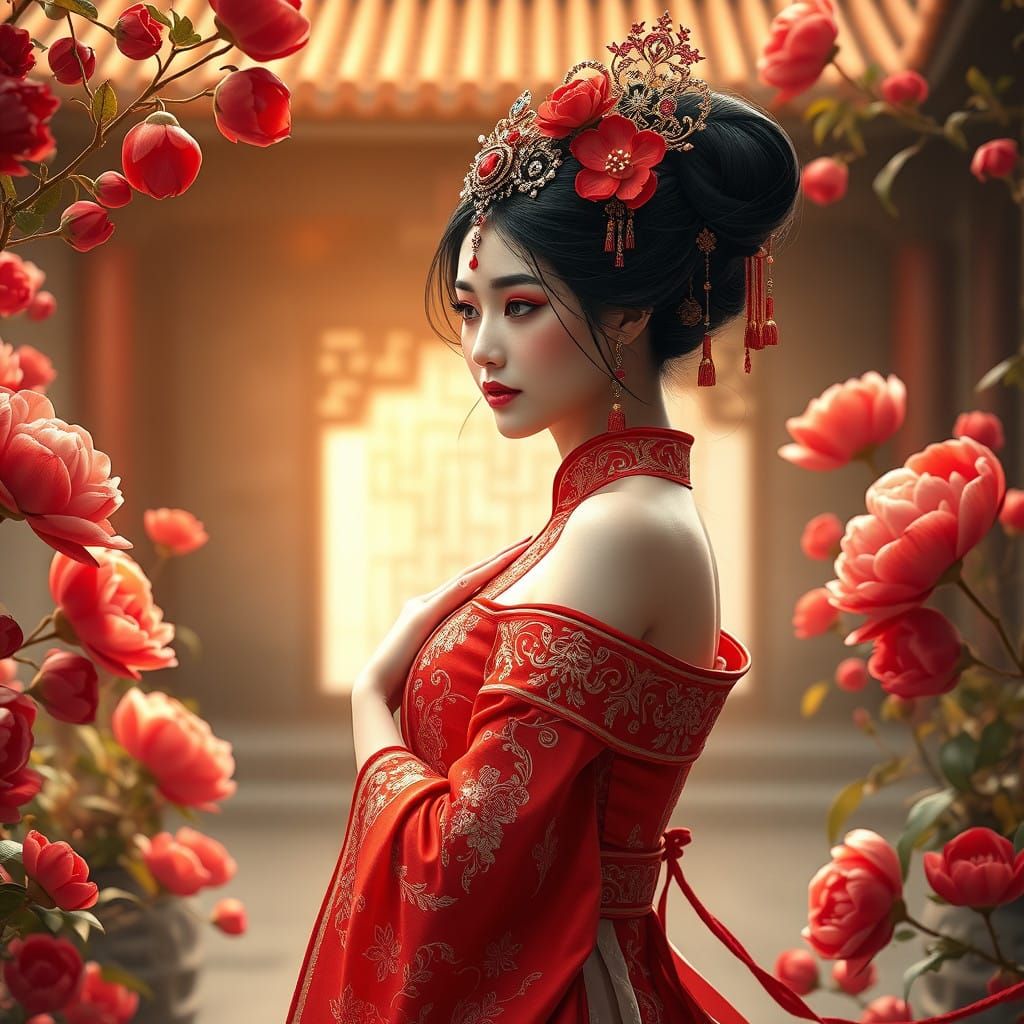 Chinese Princess in Elegant Hanfu, Red Peonies and Golden Li...
