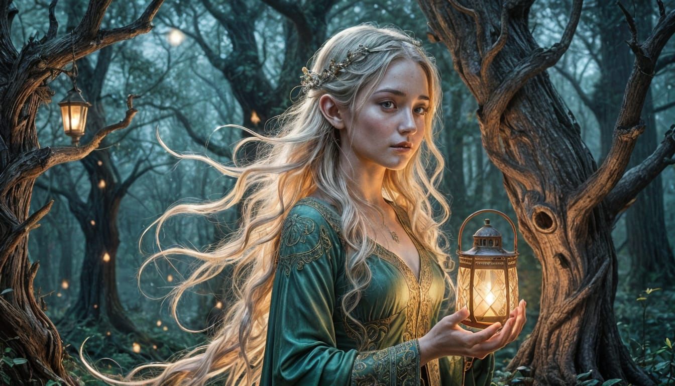 Ethereal Elf in Twilight Forest Illustration