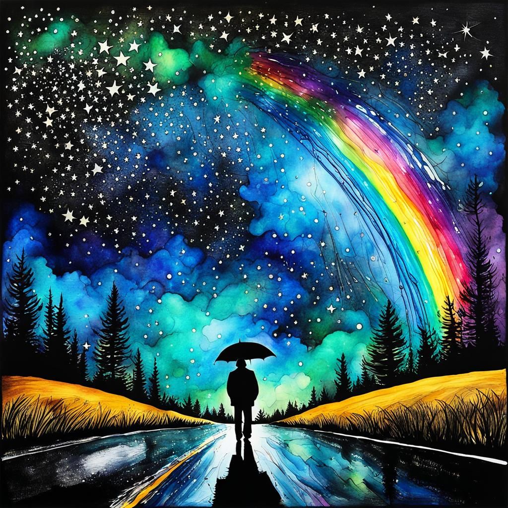 Surreal Rainy Starry Night, Child's Drawing in Van Gogh Styl...