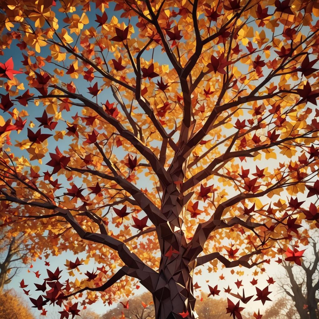 Origami Tree in Autumn Sunlight: Cinematic Digital Art