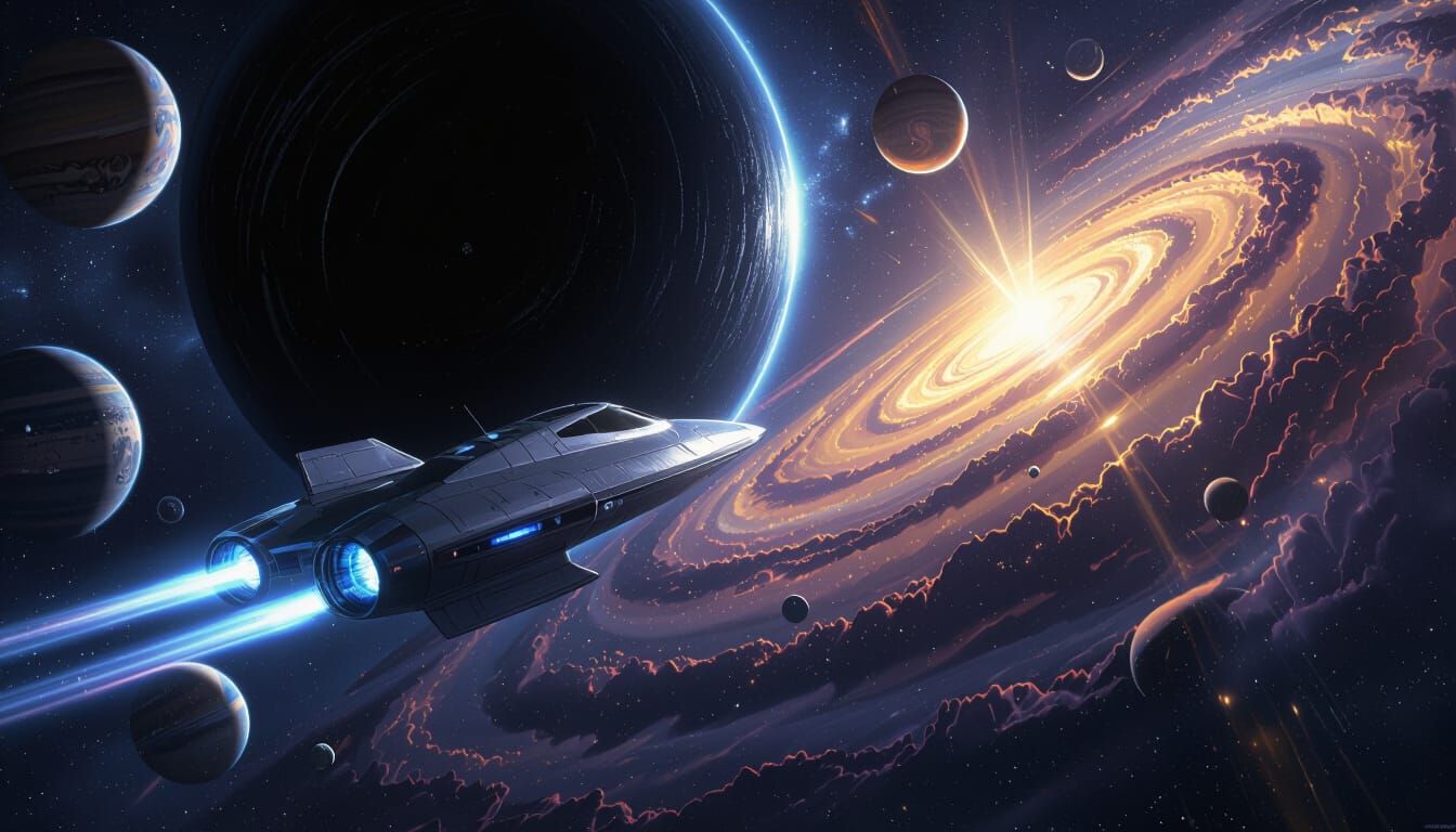 Spaceship Navigates Black Hole in Sci-Fi Style