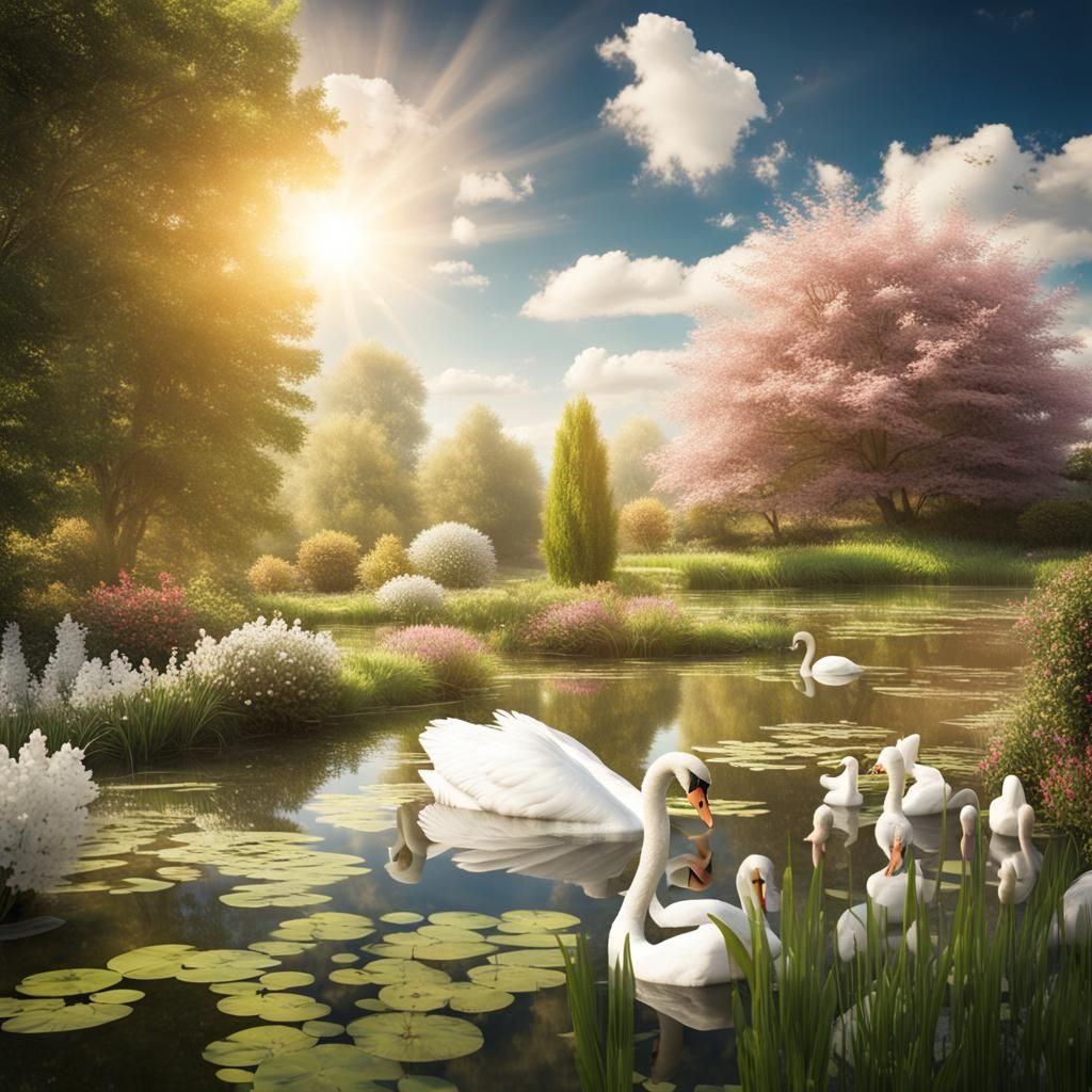 Magical Garden Pond with Swans in Divine Light