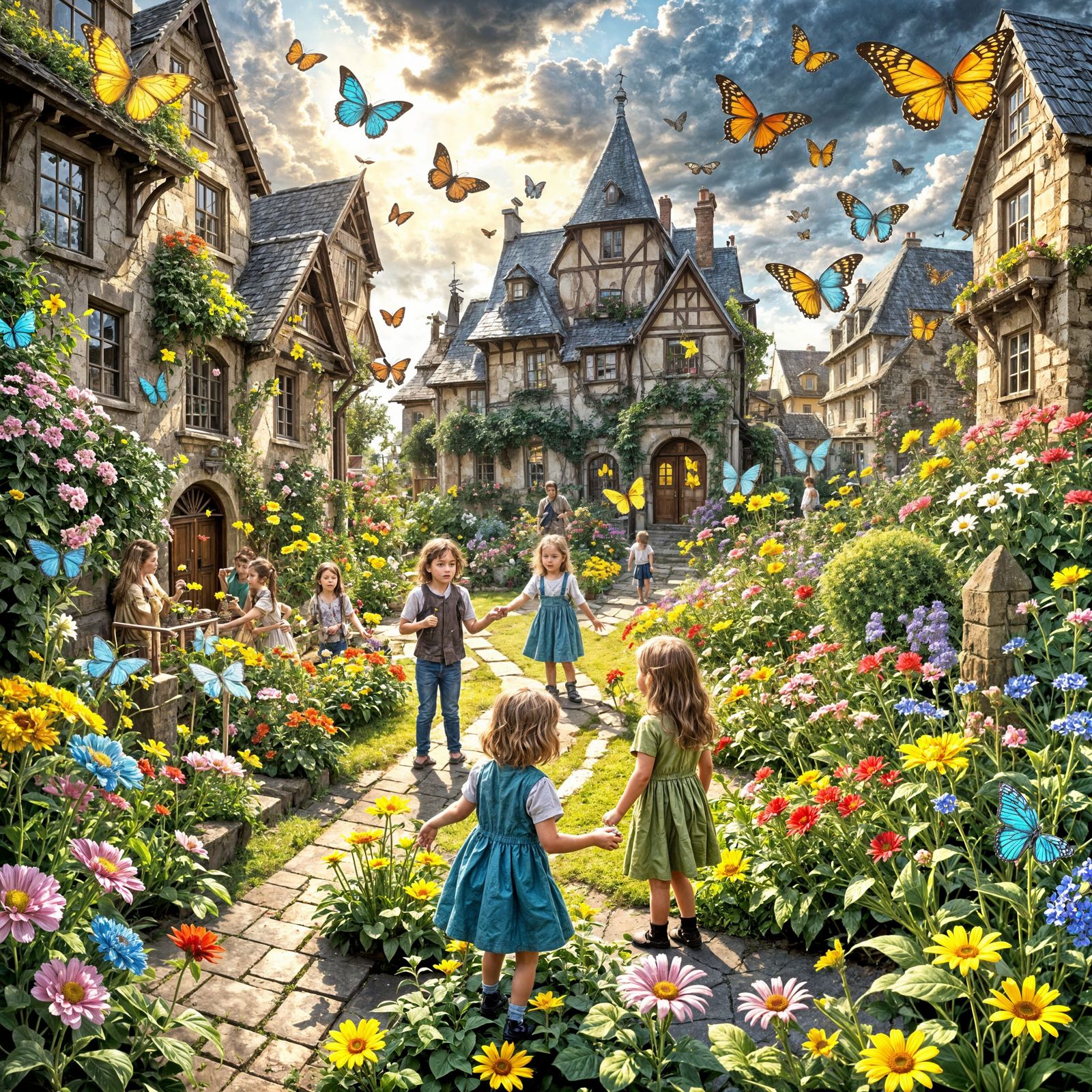 A warm, sunny day with a shining sun in the sky. Dark clouds...