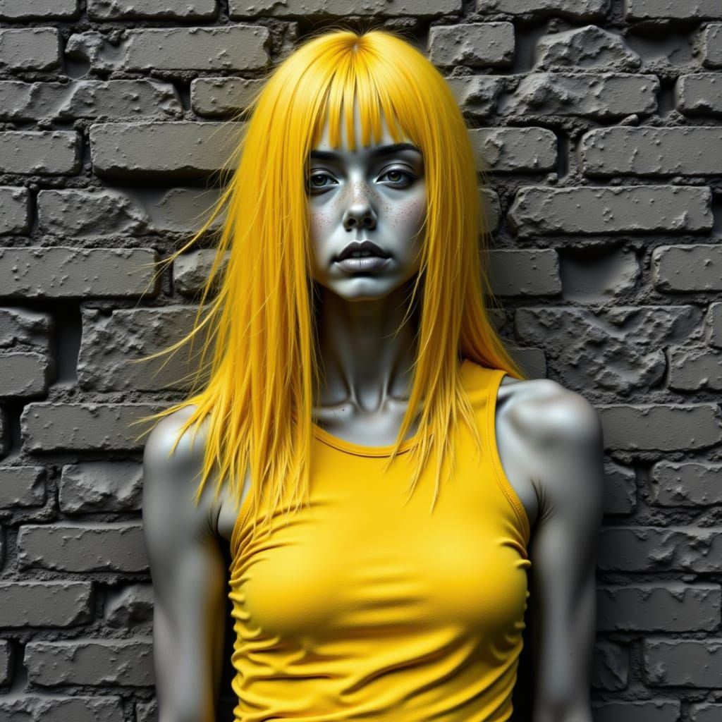 Surreal Girl Blending into Yellow and Black Wall