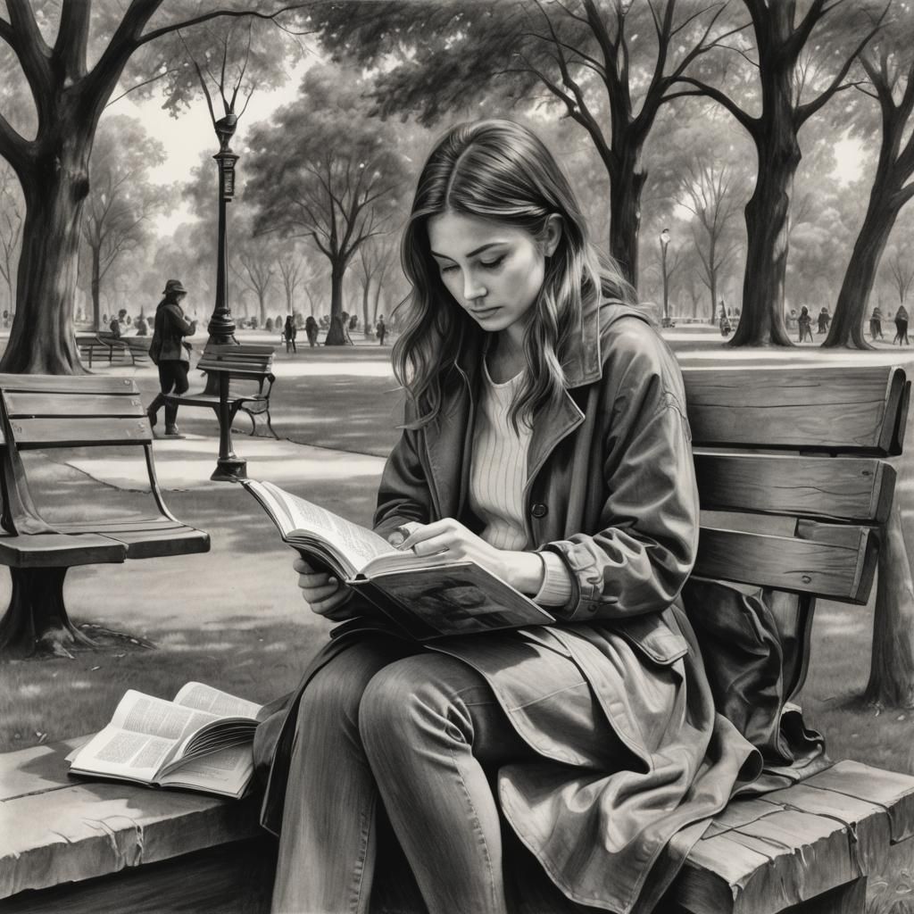 Young Woman Reading: Hyperdetailed Charcoal Drawing