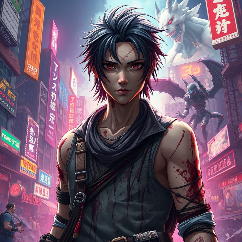 Battle-Scarred Musician in Cyberpunk Warscape