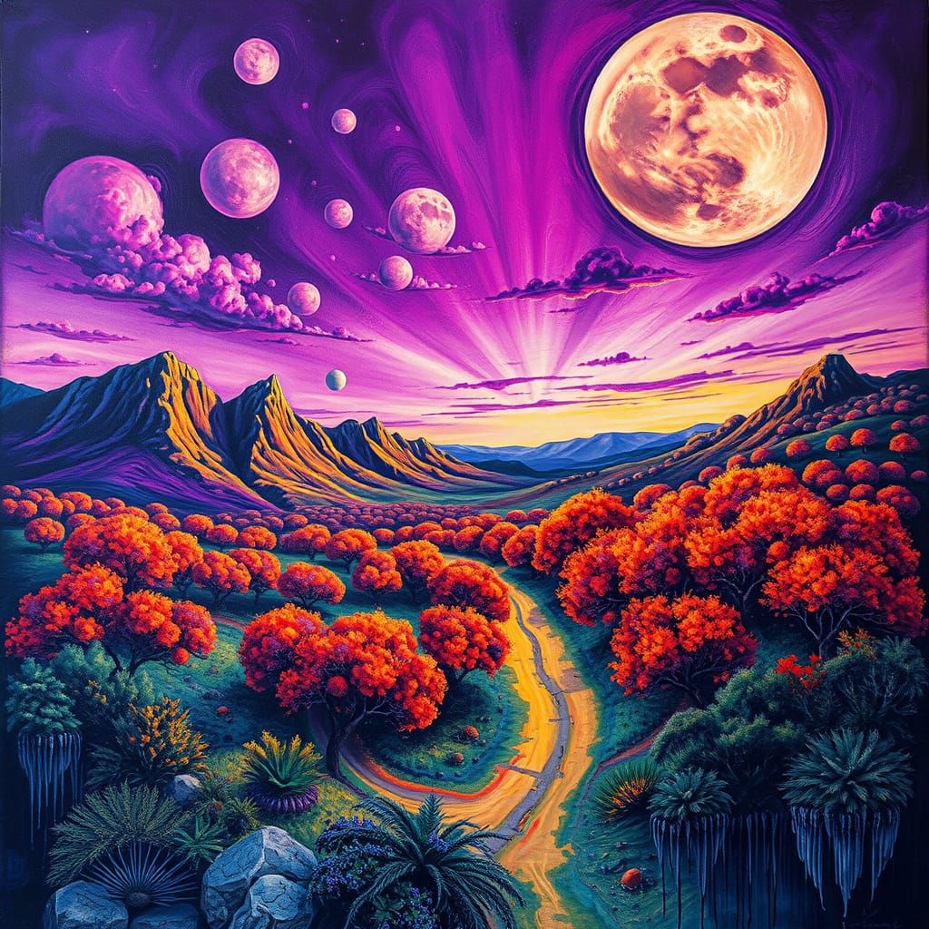 Surrealist Masterpiece with Dreamlike Purple Skies and Vibra...