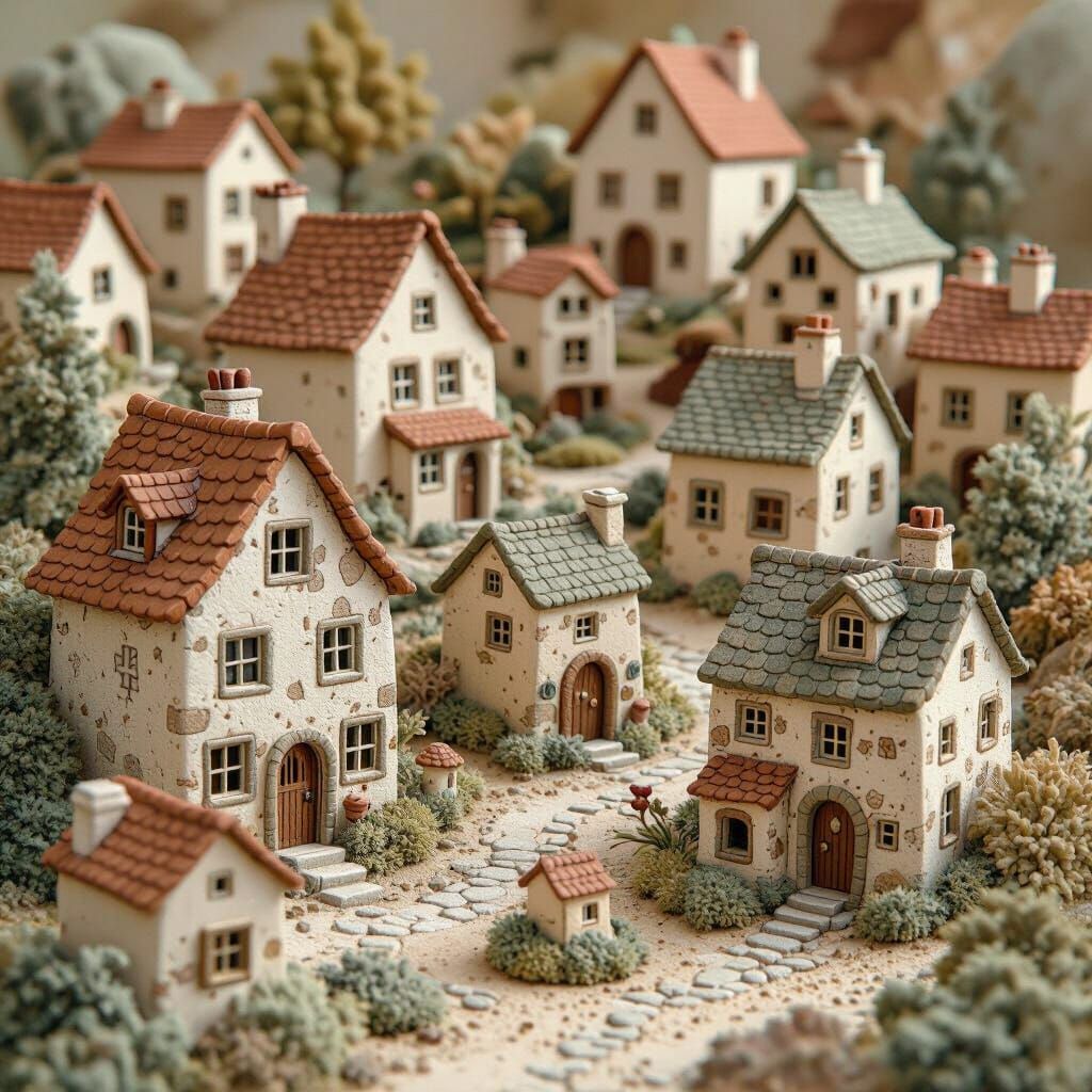 Whimsical Ceramic Village in Matte Painting Style