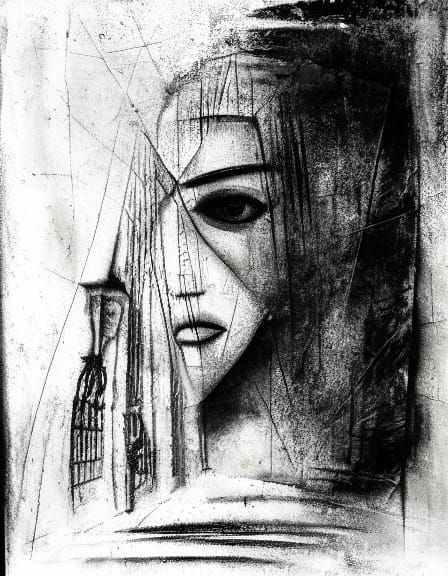 Tattered Curtain Confronts a Scared Face in a Dreamlike Scen...