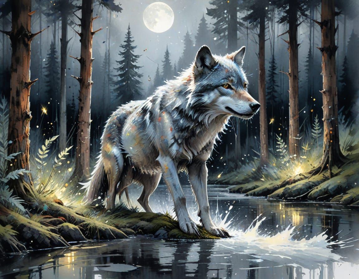 Grey Wolf Lapping Moonlit Stream with Fireflies