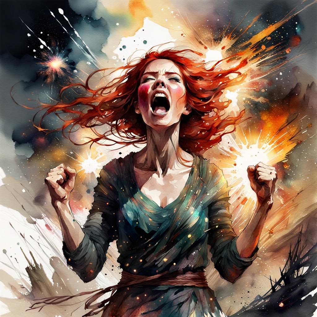 Screaming Redhead in Digital Watercolor Explosion