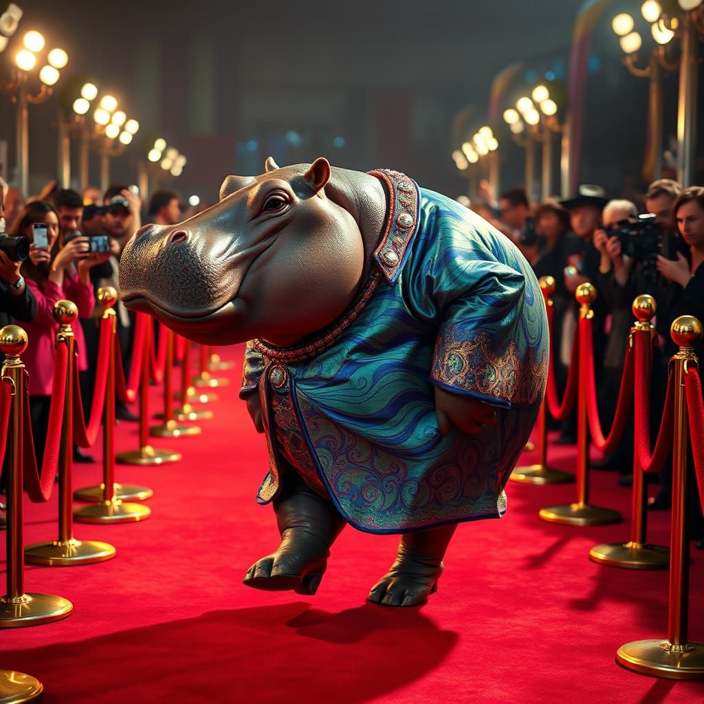 Regal Hippopotamus Struts Down Red Carpet in Vibrant Bespoke...