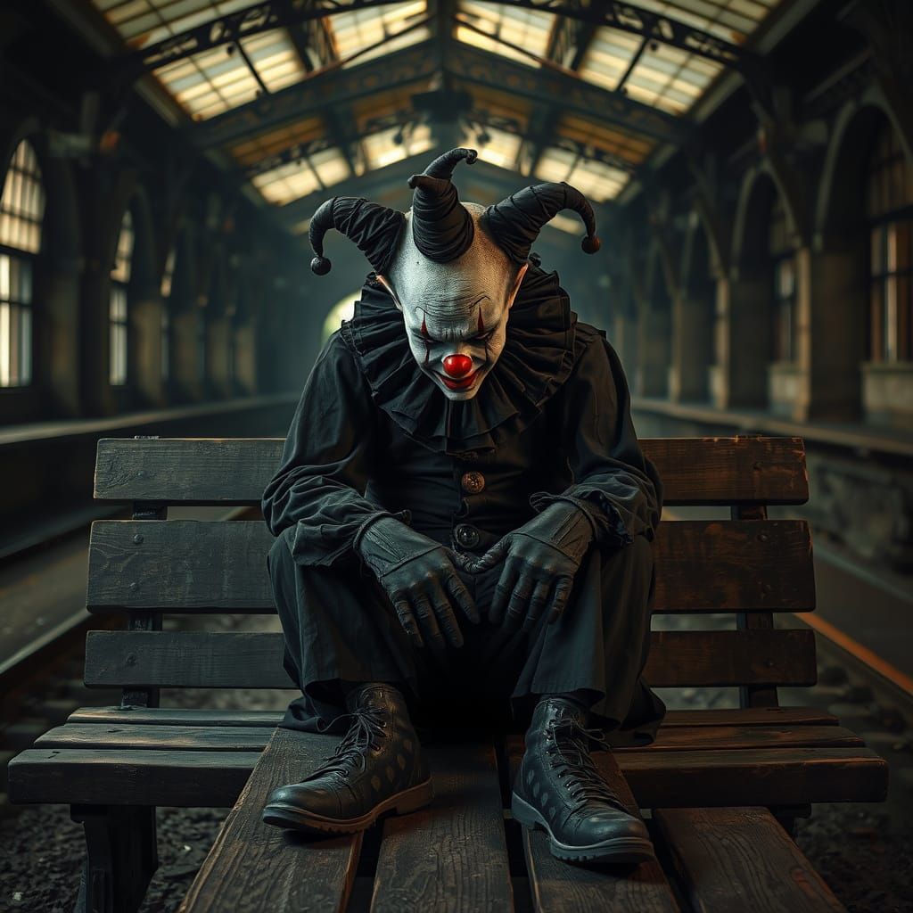 Sorrowful Clown in Abandoned Station, Caravaggio Style