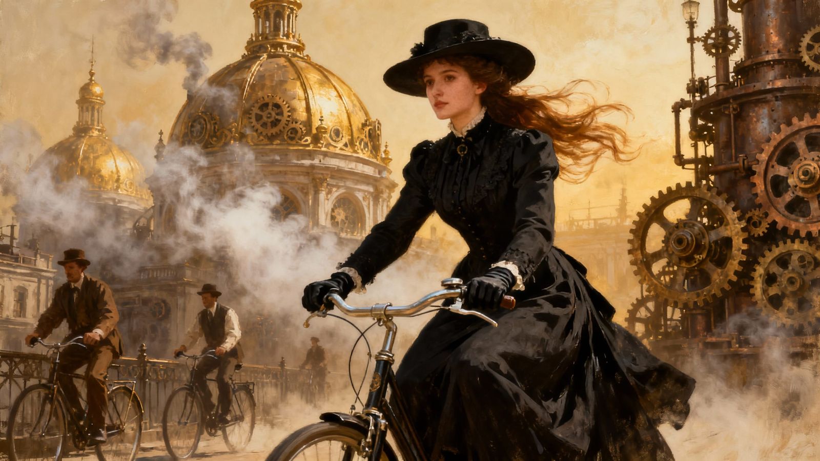 Steampunk City Bicycle Ride: Victorian Woman in Golden Haze