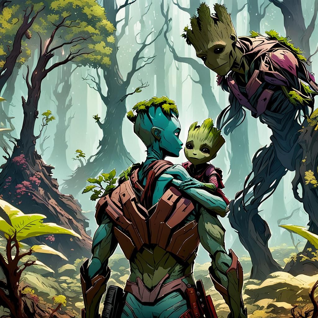 Gamora Walks through an Alien Forest with Baby Groot