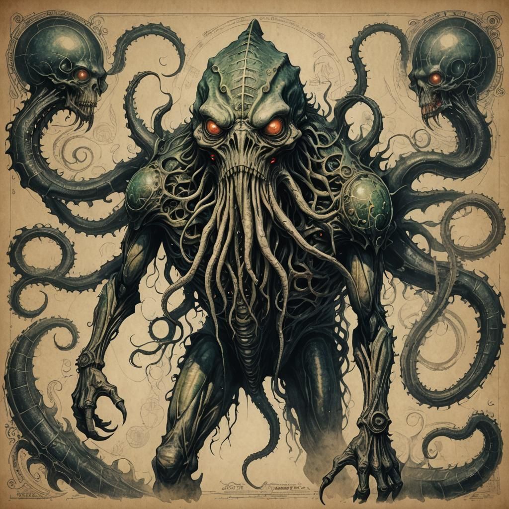 Lovecraftian Deep One Anatomy on Old Paper