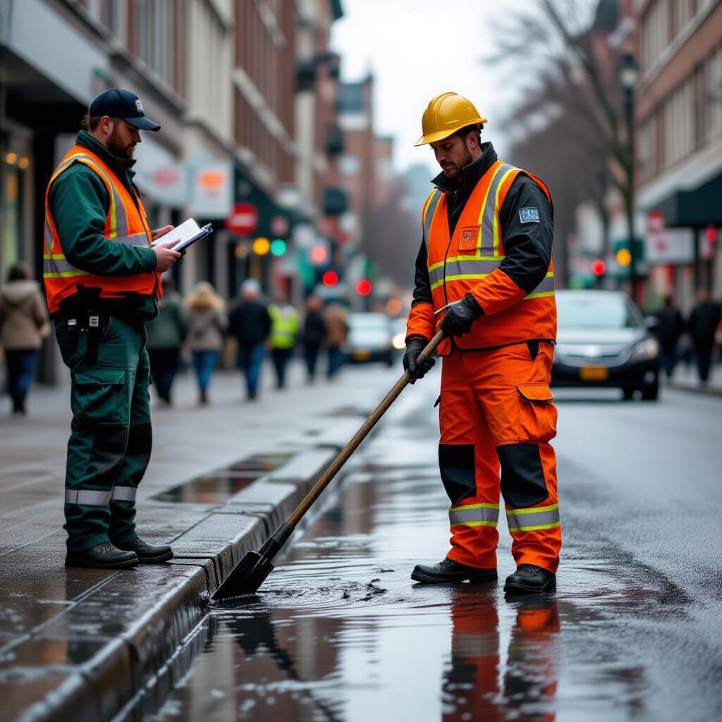 Utility Worker Clearing Drain on Wet City Street