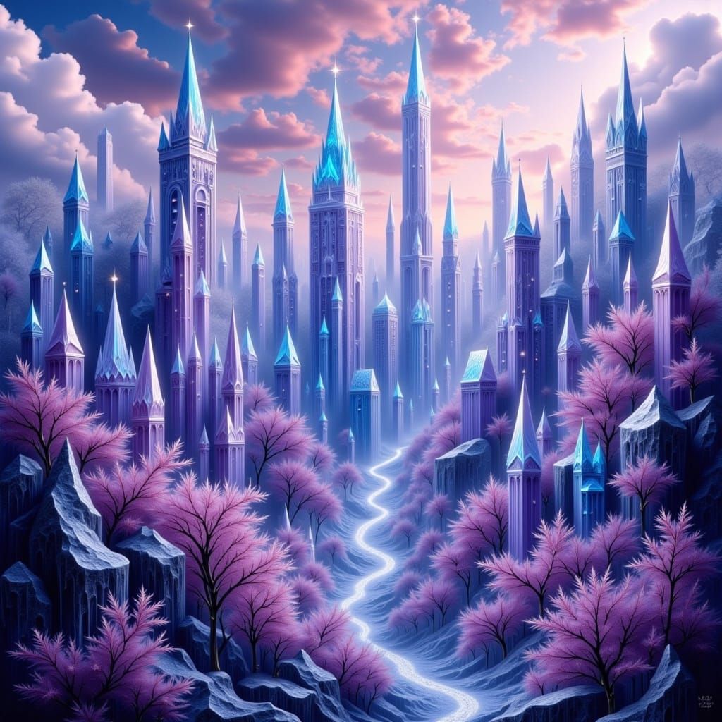 Crystal City in Mountains: Hyperrealistic Concept Art